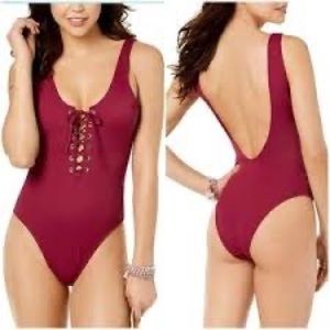 California Waves Ribbed Lace-Up Cheeky One-Piece High-Leg Swimsuit Sz Small